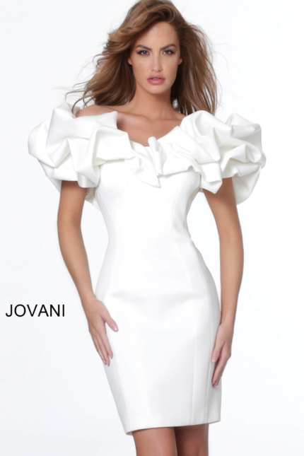 Model wearing Jovani 04367 White Off the Shoulder Ruffle Neckline Cocktail Dress