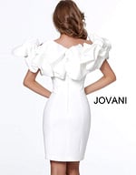 Model wearing Jovani 04367 white dress with ruffled neckline, back view.