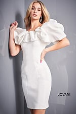 Model wearing Jovani 04367 elegant white dress with ruffled neckline, front view.