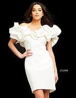 Model wearing Jovani 04367 fitted white dress with ruffled sleeves, front view.