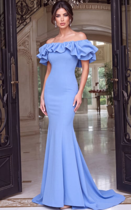 blue scuba mermaid gown with off shoulder tiered ruffle bodice