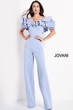 Jovani 04369 light blue jumpsuit with an off-shoulder ruffled neckline modeled