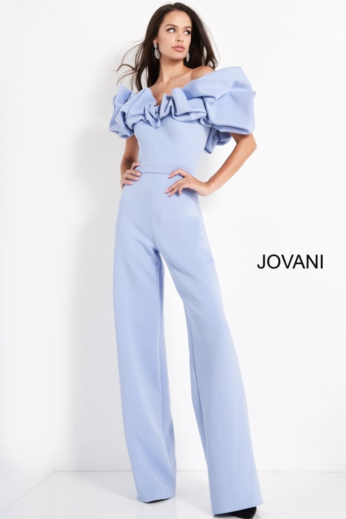 front image of Jovani 04369 light blue jumpsuit with wide-leg design