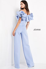 back view showcasing Jovani 04369 light blue jumpsuit with ruffles