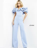 model wearing Jovani 04369 light blue jumpsuit featuring wide-leg silhouette and off-shoulder ruffled neckline