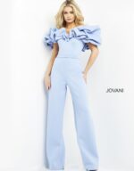 Front view of Jovani 04369 light blue jumpsuit with off-shoulder ruffled sleeves.