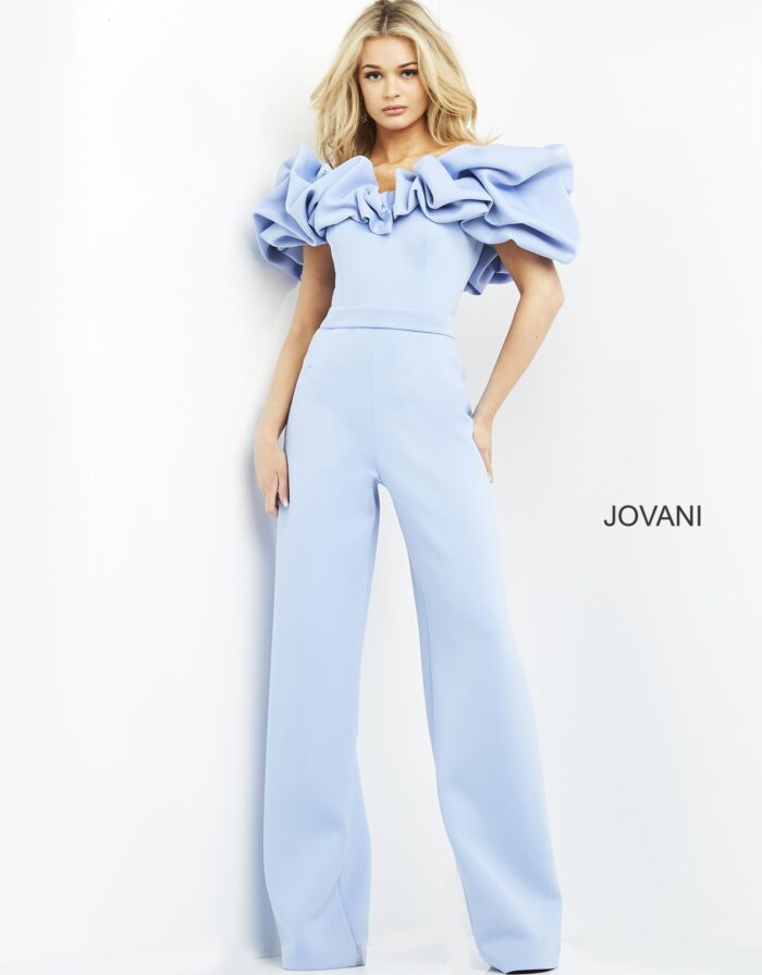 Front view of Jovani 04369 light blue jumpsuit with off-shoulder ruffled sleeves.
