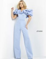 Model in Jovani 04369 light blue jumpsuit with wide-leg pants, full front view.