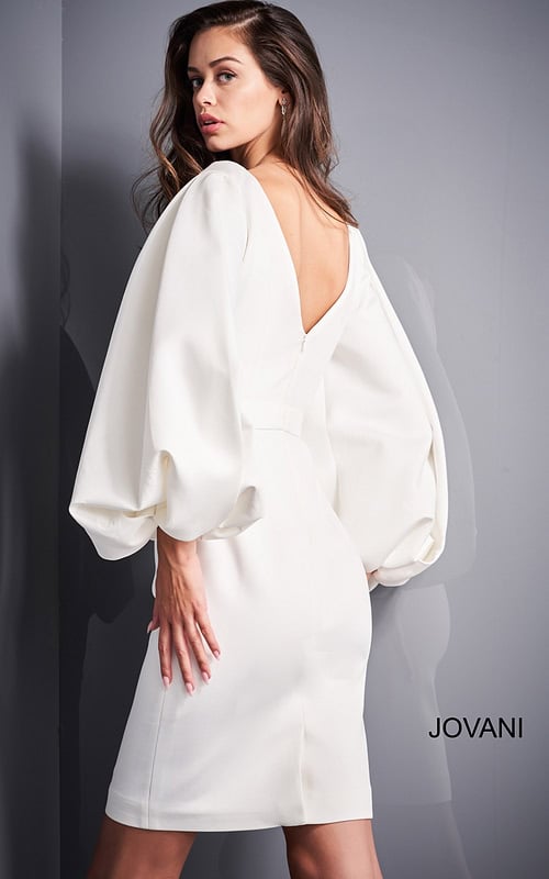 Back view of Jovani 04370 white dress highlighting the sleeve design.