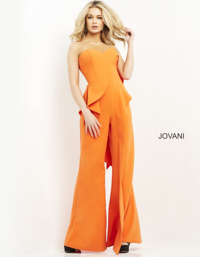 Model in Jovani 04427 orange jumpsuit showcasing stylish draping, front view