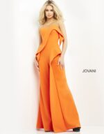 Model wearing Jovani 04427 orange jumpsuit with sweetheart neckline, front view