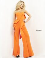 Model in Jovani 04427 orange jumpsuit featuring sweetheart neckline, alternative front view