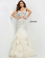 Model wearing Jovani 04625 off-white mermaid gown with V-neckline.