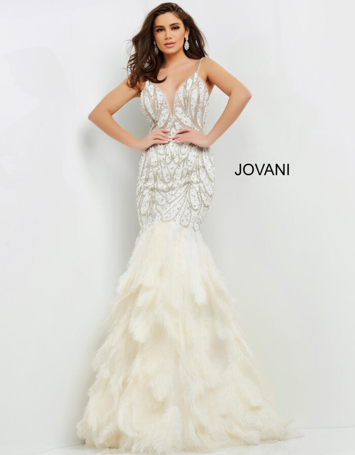 Model wearing Jovani 04625 off-white mermaid gown with V-neckline.