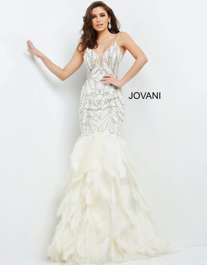 Front view of Jovani 04625 off-white gown emphasizing beadwork and feather skirt.