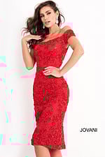 model wearing Jovani 04763 front view red dress with short sleeves