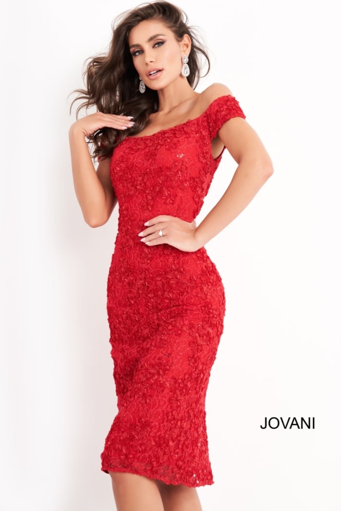 model wearing Jovani 04763 front view red dress with short sleeves