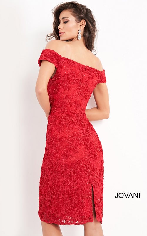 model wearing Jovani 04763 back view red dress with floral lace