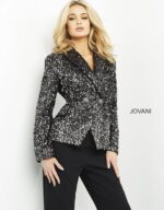 Model wearing Jovani 04825 black sequin dress, front view