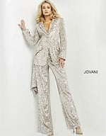 Model displaying Jovani 04904 nude pantsuit with sequins.