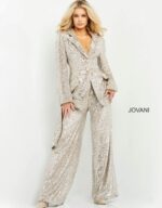 Model wearing Jovani 04905 nude sequin blazer-style jumpsuit from the front.