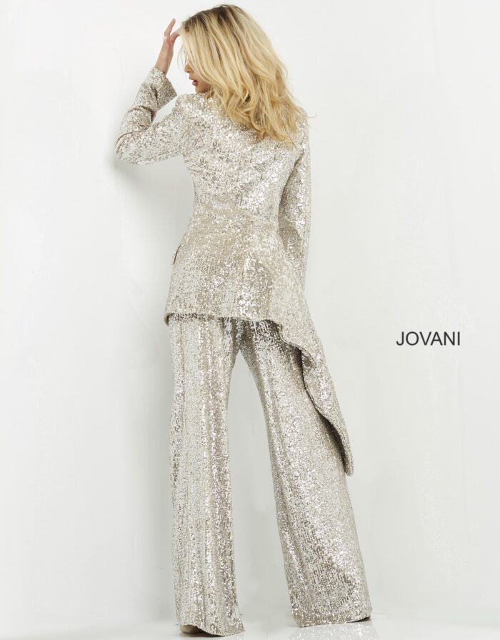 Model showing back view of Jovani 04905 nude sequin blazer-style jumpsuit.