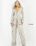 Model in a Jovani 04904 pantsuit, showcasing sequin details.