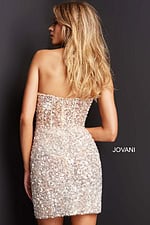 Model showing the back of Jovani 04914 nude sequin cocktail dress.