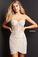 Front view of Jovani 04914 nude sequin cocktail dress on model.