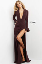 model in Jovani 04965 purple gown with high slit and bell sleeves