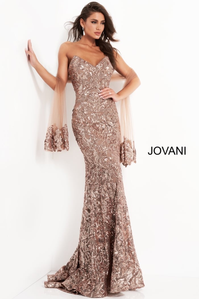Model wearing Sequin Embellished Strapless Gown 05054