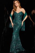 Front view of Jovani 05054 green dress with intricate sequins.