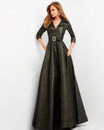 Jovani 05075 dress back view with textured green fabric and three-quarter sleeves.