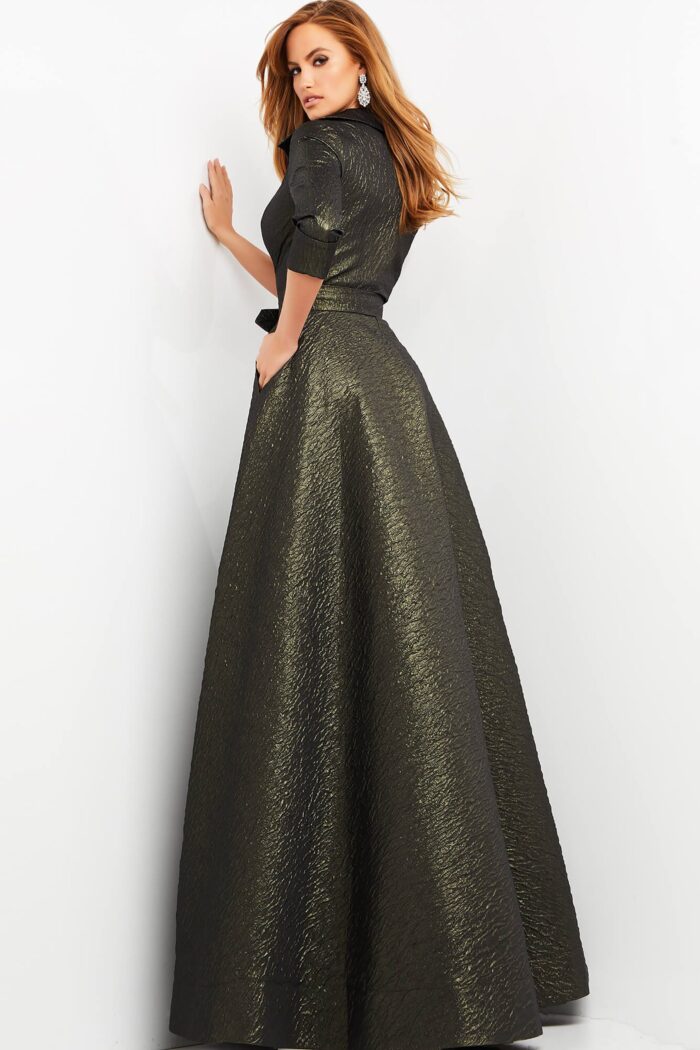 Back view of Jovani 05075 dress with shimmering green fabric and elegant silhouette.