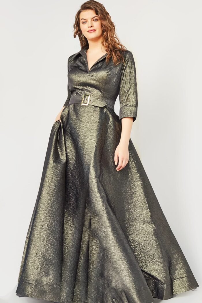 Model in Jovani 05075 green dress, featuring an A-line silhouette and elegant three-quarter sleeves.