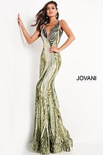 Elegant Jovani 05103 dress in green, front view with V neckline.