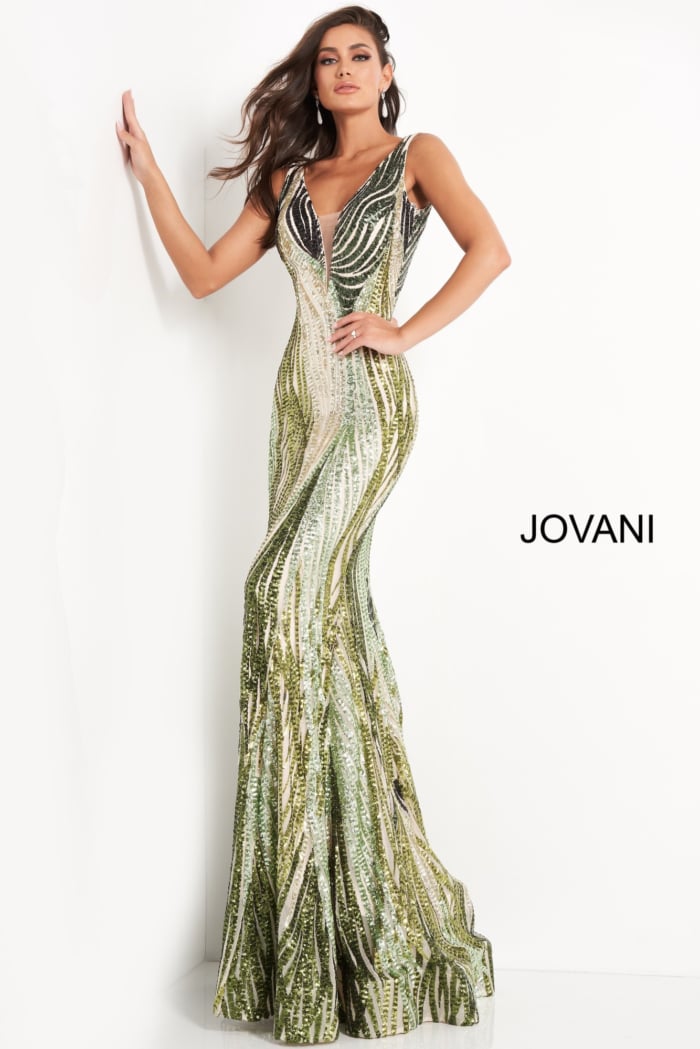 Elegant Jovani 05103 dress in green, front view with V neckline.