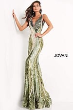 Model showcasing the Jovani 05103 green dress, frontal perspective.