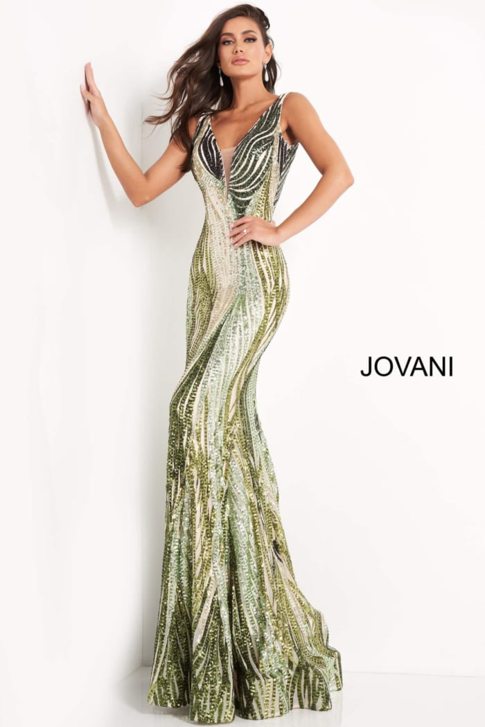 Model showcasing the Jovani 05103 green dress, frontal perspective.