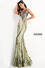 Model in Jovani 05103 green dress, front view showing mermaid silhouette.