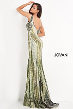 Back angle of Jovani 05103 in green, featuring sequined patterns.