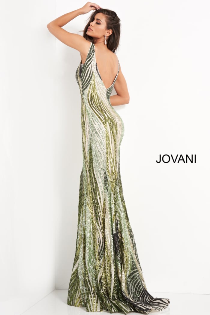 Back angle of Jovani 05103 in green, featuring sequined patterns.