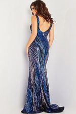 Back view of Jovani 05103 dress in blue, highlighting the mermaid silhouette.