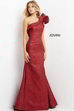 Model showcasing Jovani 05176 burgundy gown with one-shoulder neckline.