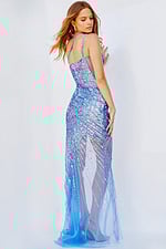 Back view of model wearing Jovani 05647 blue asymmetric dress with high slit