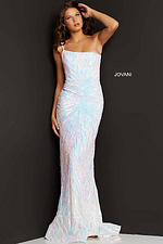 model wearing Jovani 05664 in white with shimmering sequins