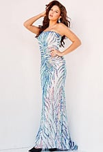 model wearing Jovani 05664 in blue with sequin details