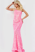model wearing Jovani 05664 in neon pink with glowing sequins