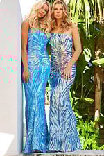 model wearing Jovani 05664 in blue with shimmering details