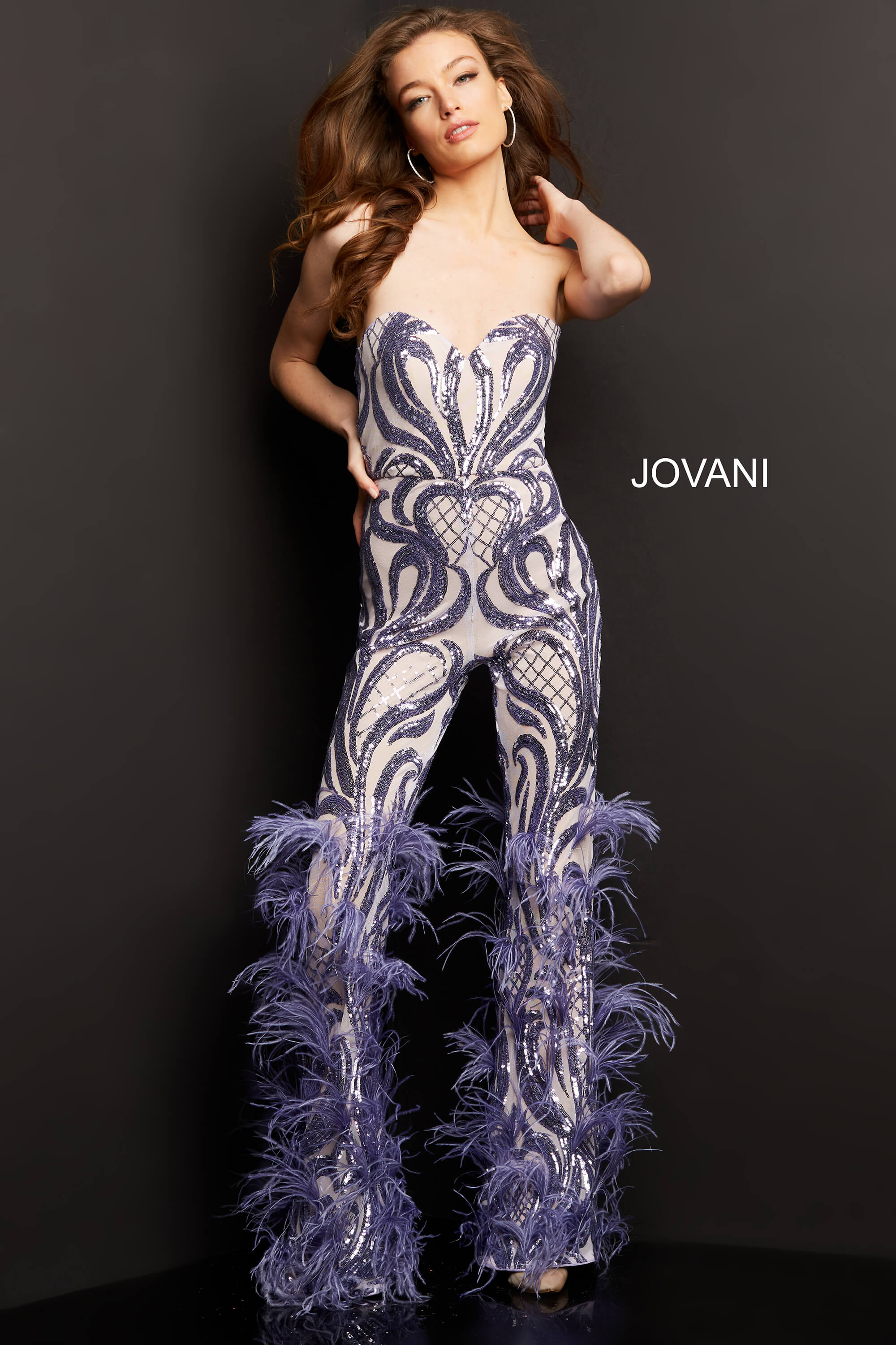 Model wearing Jovani 05669 Embellished Sweetheart Neck Jumpsuit